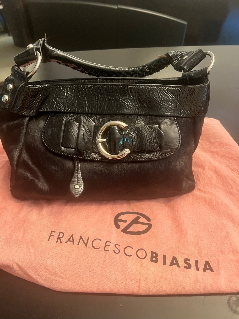 Francesco Biasia Black Calf Hair and Leather Shoulder Bag